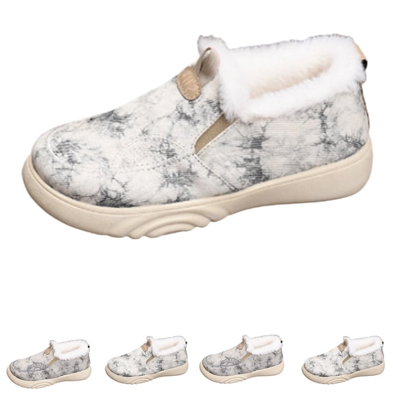 Mfakffe Women's Winter Boots Fuzzy Slip-On Plush Lined Comfort Shoes Canvas Upper Warm House Shoes for Indoor Outdoor Use