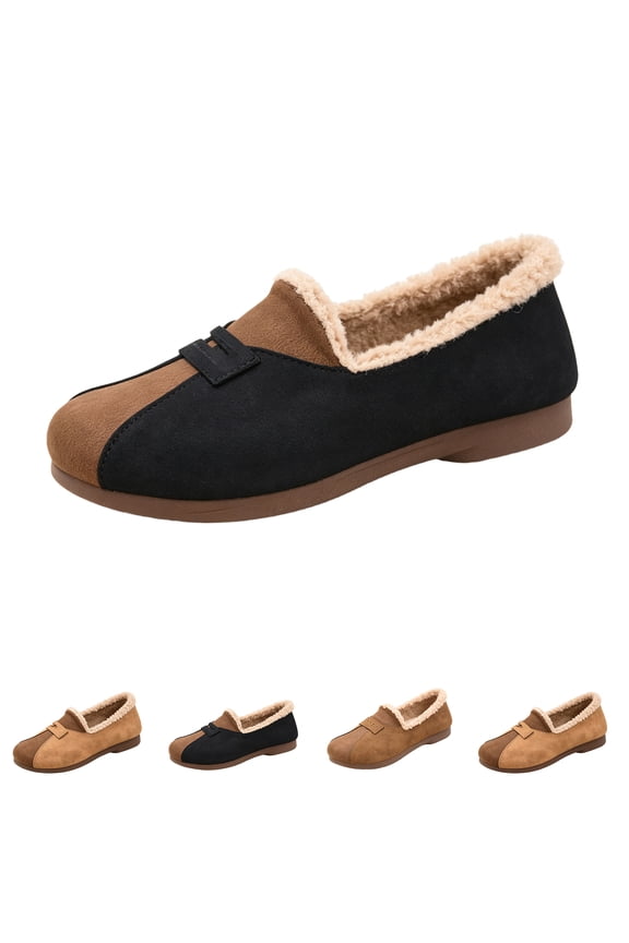 Women's Winter Loafers Plush Shearling Lining Casual Soft-Soled Versatile Flat Shoes with Metal Buckle