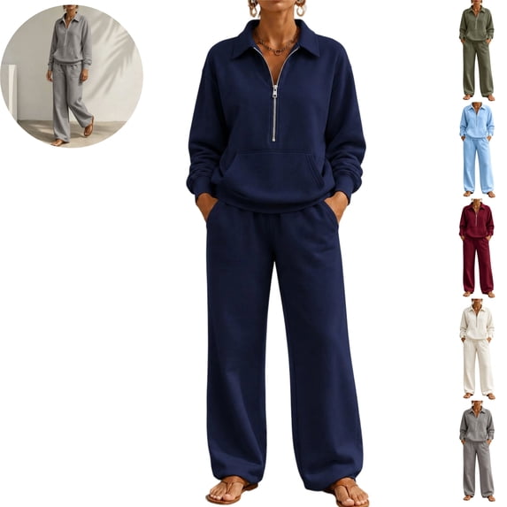 Mfakffe Womens 2‑Piece Casual Outfit Half‑Zip Collared Top and Wide Leg Pants Set Loose Relaxed Matching Tracksuit for Daily Wear