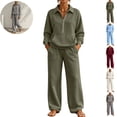 thumbnail image 1 of Mfakffe Womens 2‑Piece Casual Outfit Half‑Zip Collared Top and Wide Leg Pants Set Loose Relaxed Matching Tracksuit for Daily Wear, 1 of 6