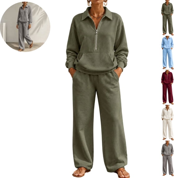 Mfakffe Womens 2‑Piece Casual Outfit Half‑Zip Collared Top and Wide Leg Pants Set Loose Relaxed Matching Tracksuit for Daily Wear