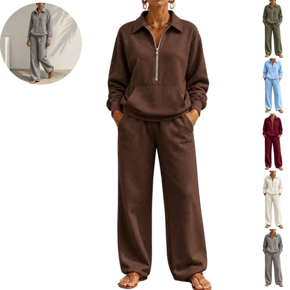 Mfakffe Womens 2‑Piece Casual Outfit Half‑Zip Collared Top and Wide Leg Pants Set Loose Relaxed Matching Tracksuit for Daily Wear