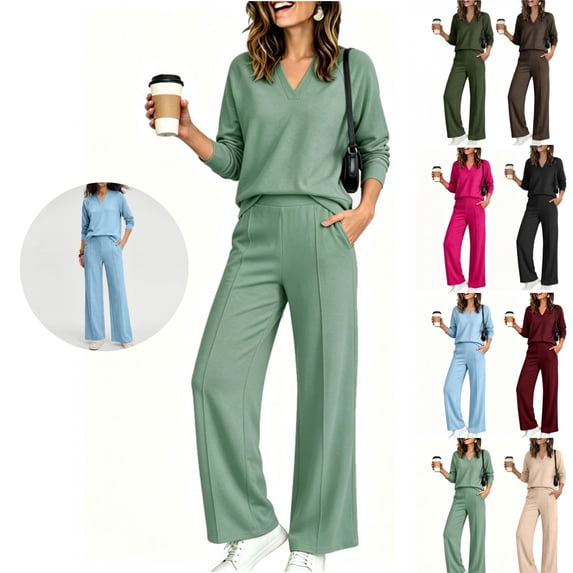 Mfakffe Womens 2‑Piece Matching Outfit Set V‑Neck Long Sleeve Top & High Waist Wide Leg Pants Soft Casual Loungewear Tracksuit