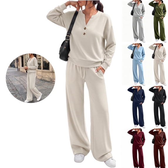 Mfakffe Womens 2‑Piece Tracksuit Set Henley Long Sleeve Top & Drawstring Wide Leg Pants Loose Soft Matching Loungewear Outfit