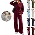 thumbnail image 1 of Mfakffe Womens 2‑Piece Tracksuit Set Henley Long Sleeve Top & Drawstring Wide Leg Pants Loose Soft Matching Loungewear Outfit, 1 of 5
