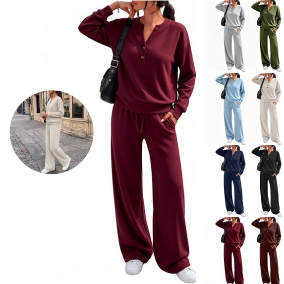 Mfakffe Womens 2‑Piece Tracksuit Set Henley Long Sleeve Top & Drawstring Wide Leg Pants Loose Soft Matching Loungewear Outfit