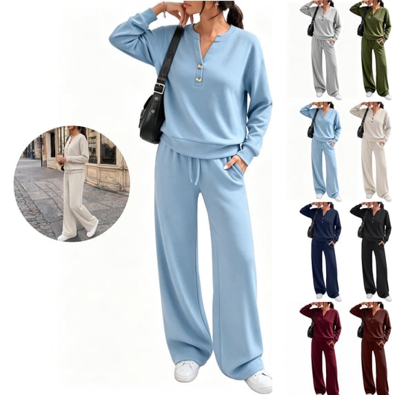 Mfakffe Womens 2‑Piece Tracksuit Set Henley Long Sleeve Top & Drawstring Wide Leg Pants Loose Soft Matching Loungewear Outfit