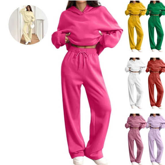 Mfakffe Womens 2‑Piece Tracksuit Set Long Sleeve Hooded Sweatshirt & Drawstring Wide Leg Sweatpants for Fall Winter Daily Wear
