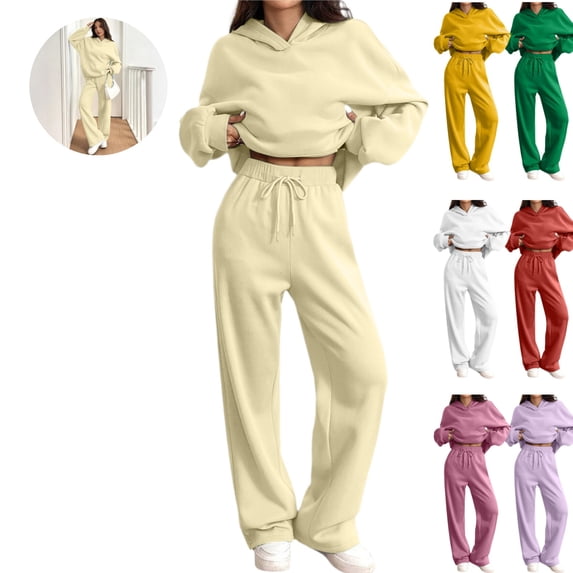 Mfakffe Womens 2‑Piece Tracksuit Set Long Sleeve Hooded Sweatshirt & Drawstring Wide Leg Sweatpants for Fall Winter Daily Wear