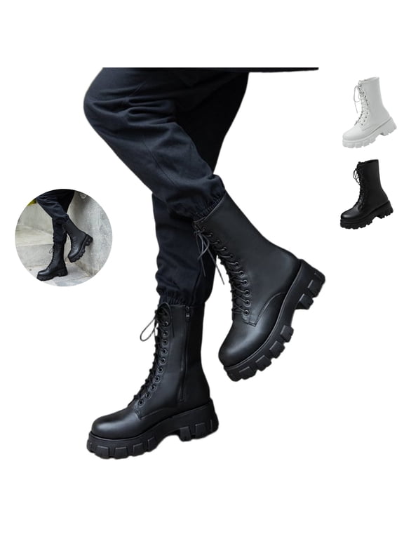 Womens Combat Platform Boots Chunky Lace Up Mid Calf Boots Lug Sole Round Toe Side Zipper Fashion Non Slip Boot
