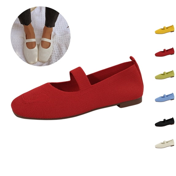 Mfakffe Womens Flats Relaxed Slip on Breathable Flat Shoes Mesh Closed Toe Mary Jane Shoes Lightweight Non Slip(Red)