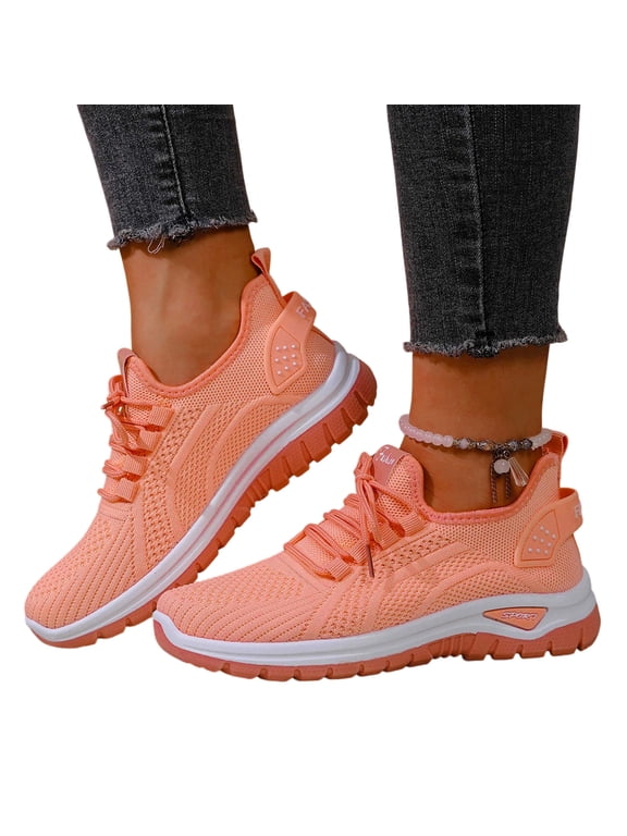 Womens Knit Sneakers Breathable Mesh Lace Up Lightweight Cushioned Walking Shoes Non Slip Athletic Running Casual Trainers