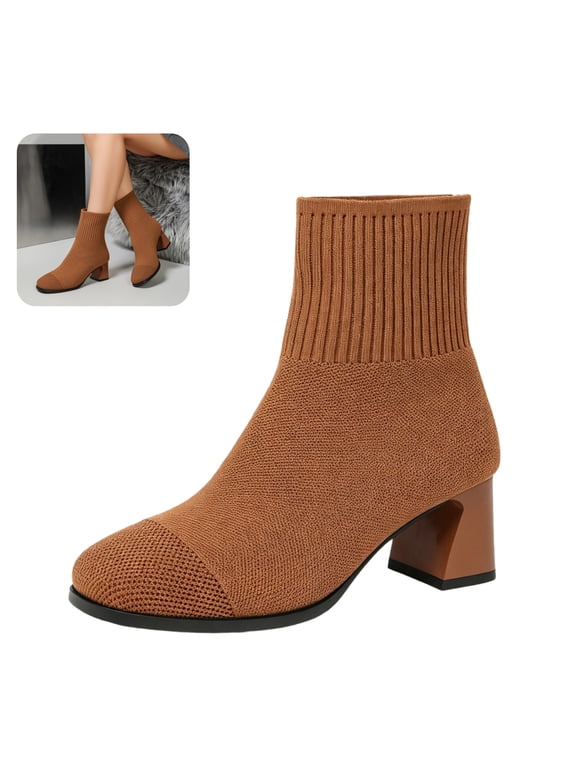Womens Knit Sock Ankle Boots Slip On Stretch Sock-Style Booties Block Heel Round Toe Casual Dress Boots for Fall Winter Daily Wear