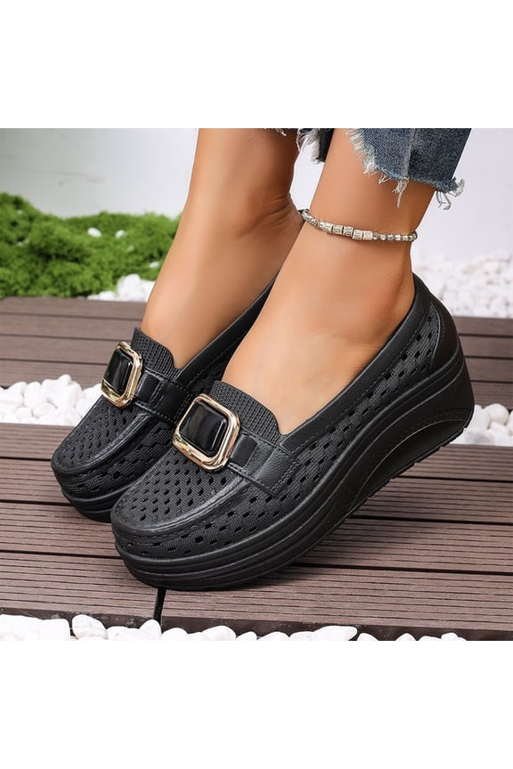 Womens Loafers Comfortable Platform Heel Flats Casual Soft Round Toe Retro Dress Shoes Black 8 Wide(EU:40)