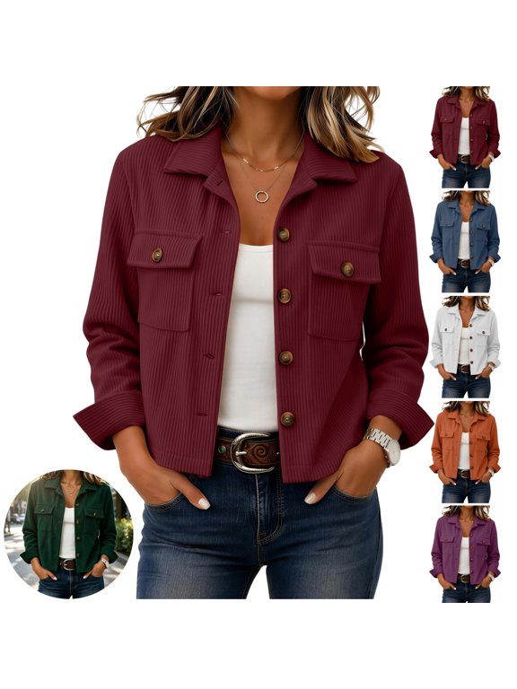 Womens Long Sleeve Cropped Jacket Lapel Button Down Casual Shacket with Pockets for Daily Outdoor Wear