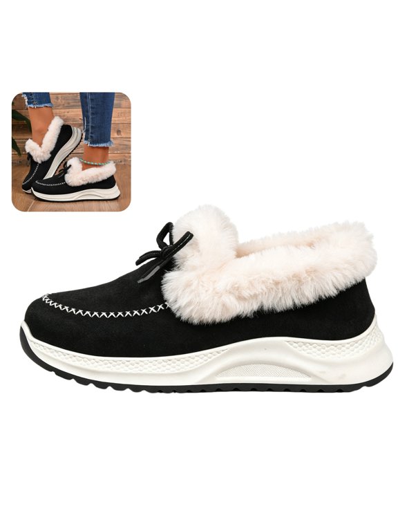 Womens Platform Moccasins Bow Decor Warm Slip On Ankle Boots Thick Sole Casual Winter Shoes for Daily Outdoor Wear