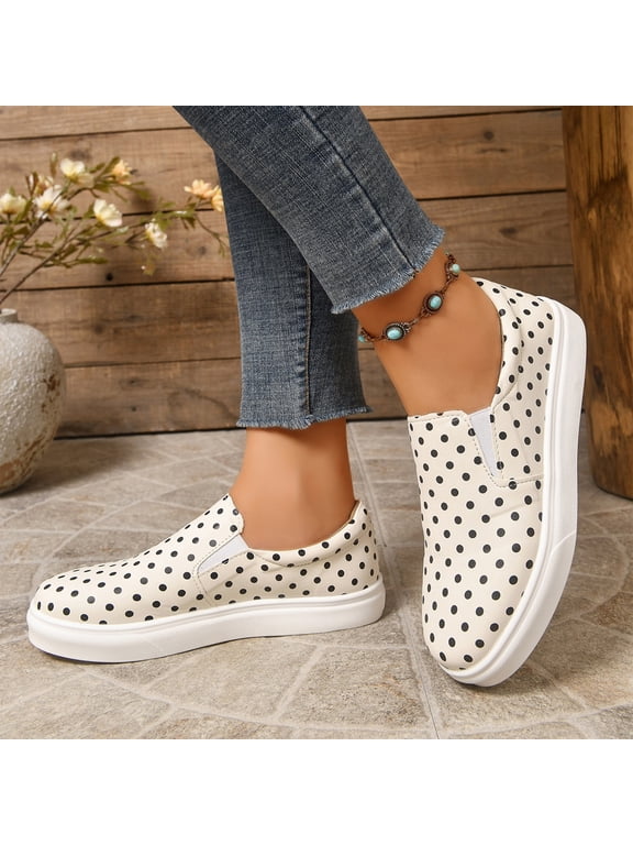 Womens Polka Dot Slip‑On Casual Sneakers Low‑Top Soft Sole Fashion Flats Platform Non Slip Walking Shoes