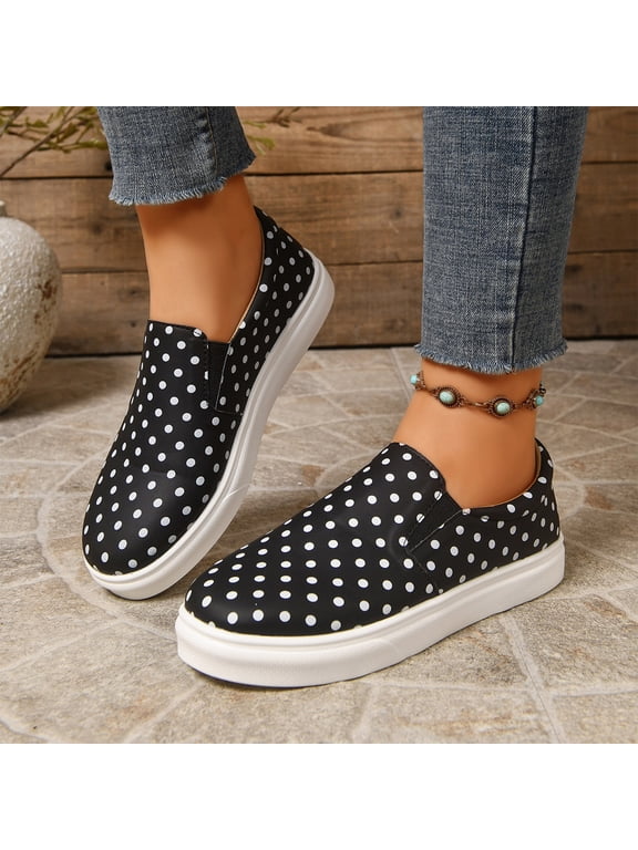 Womens Polka Dot Slip‑On Casual Sneakers Low‑Top Soft Sole Fashion Flats Platform Non Slip Walking Shoes