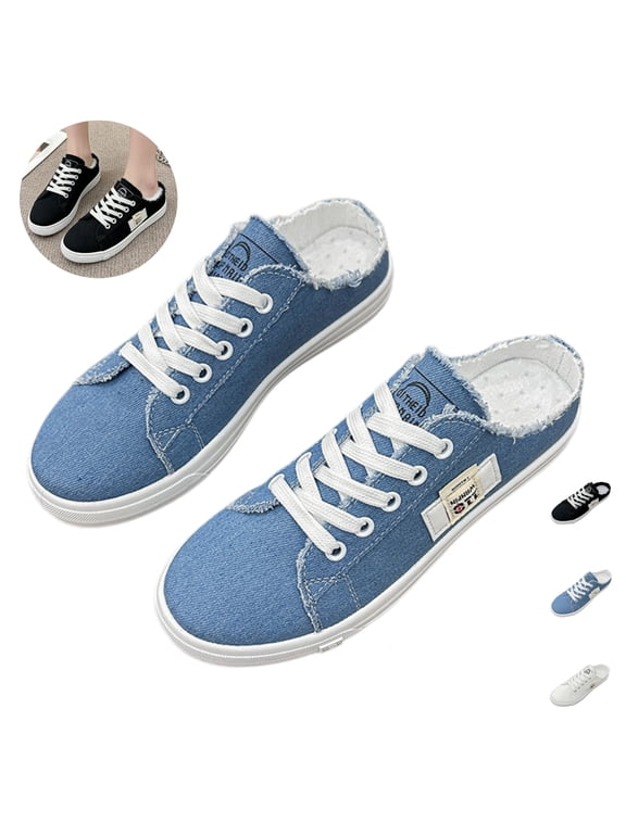 Womens Slip on Sneakers Summer Non Slip Sneakers Exercise Flat Shoes Casual Backless Canvas Shoes(Blue)
