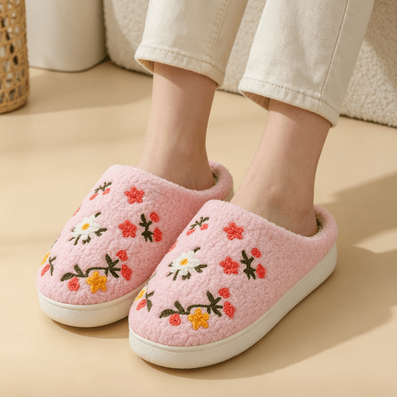 Mfakffe Womens Slippers Comfortable Casual Plush Slippers Soft Slip on Cotton Shoes Pink 5.5 Wide(EU:36)