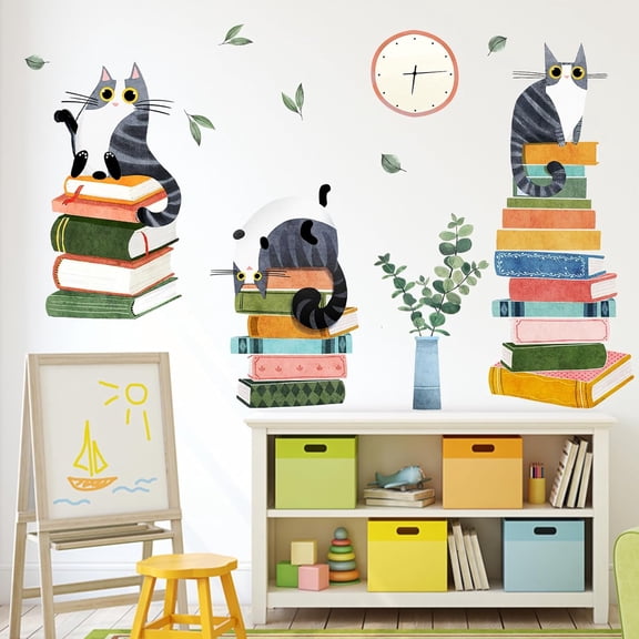 Mfault Cats Reading Books Wall Decals Stickers, Kitty Kitten Neutral Nursery Decorations Study Classroom Bedroom Art, Plant Leaves Reading Corner Toddler Kids Room Home Decor Gifts