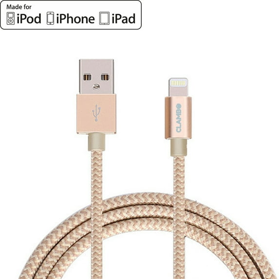 Mfi Certified 6.6 feet Heavy-duty Nylon-Braided Lightning to USB Charger Charging Cable Cord for iPhones by Clambo - Gold