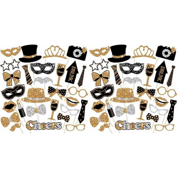 Mfigree 30 Pieces Black Golden Photo Booth Props for Birthday Wedding New Year Mix Of Hats Lipstick Tie and More Funny Selfie Props, Party Supplies and Event Decorations