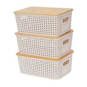 Mfigree 3PC Plastic Storage Bins with Lids Stackable Box Basket Pantry Decorative Containers Cute with Lable for Organizing Desktop Closet Office Grey (4*7*10 in)