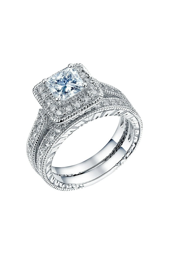 Set Of 2 Couples Princess Cut Diamond Set Ring Fashion Women Engagement Wedding Jewelry Ring Set Size 6