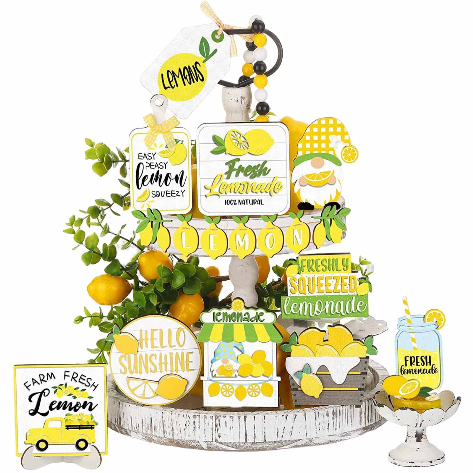 Mfigree Summer Lemon Tiered Tray Decor Set, Farmhouse Summer Wood Sign Table Decorations Rustic Beach Tiered Tray Decorations for Home Kitchen Table Shelf Lemon