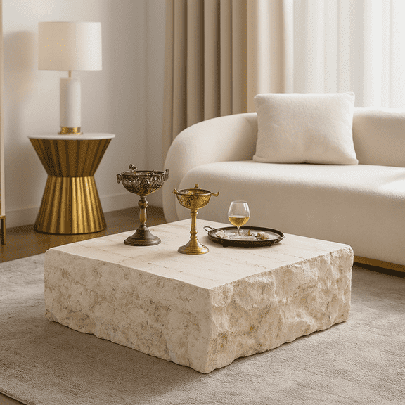 MgO Mid-Century Round Centre Coffee Table Vintage Faux Stone Sofa Pre-Modern Coffee Tables Beige Coffee Table for Living Room Office Apartment