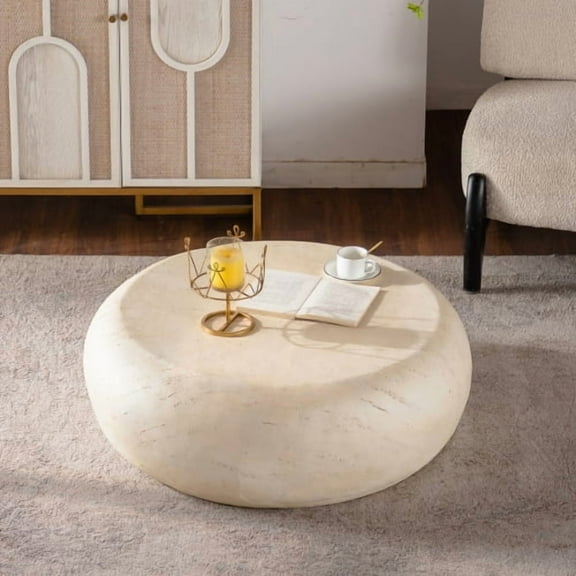 MgO Mid-Century Round Centre Coffee Table Vintage Faux Stone Sofa Pre-Modern Coffee Tables Beige Coffee Table for Living Room Office Apartment