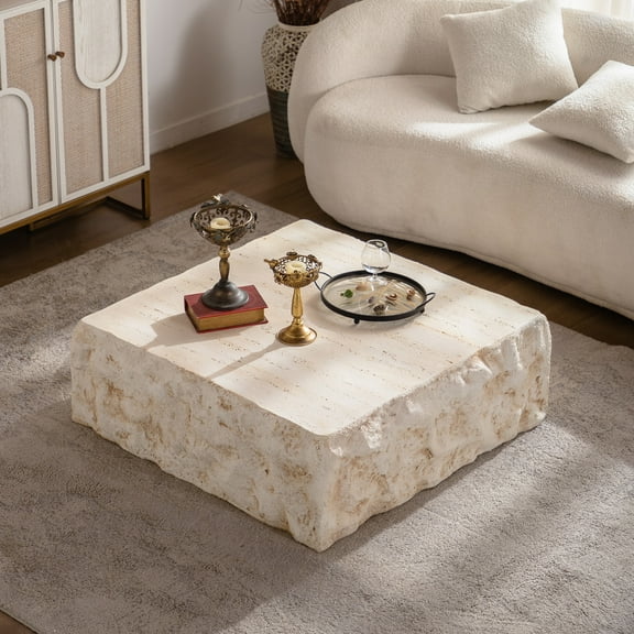 MgO Mid-Century Round Coffee Table Faux Stone Top Beige Center Table for Living Room Office Apartment Durable Modern Sofa Table