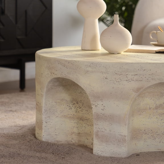 MgO Modern Minimalist Round Accent Coffee Table with Unique Arched Cutout Base, No Assembly Required, Sturdy Structure for Living Room & Bedroom Home Decor.