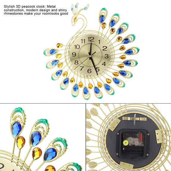 Mgaxyff 3D Non Ticking Clock, Clock,Iron Modern Wall Clock Large 3D Peacock Shape Non Ticking Silent Clock For Living Room Decor