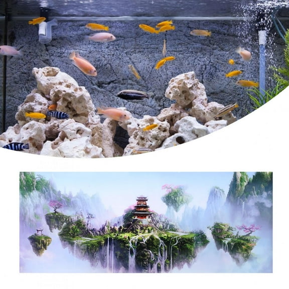 Mgaxyff Fish Tank Background Poster,Fish Tank Decoration,PVC Waterproof Adhesive Sky Castle Pattern Aquarium Background Poster Sticker Fish Tank Decoration