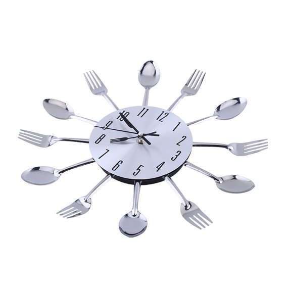 Mgaxyff Large 3D Mirror Surface Silver Modern Design Cutlery Kitchen Utensil Spoon Fork Wall Clock DIY, Cutlery Kitchen Clock,Kitchen Wall Clock