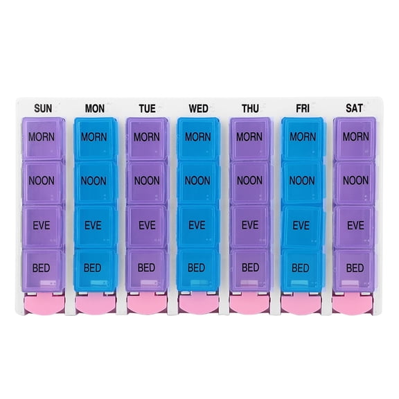 Mgaxyff Medicine Organizer,7 Days 4 Times a Day 28 Compartments Pill Box Medicine Organizer with Push Button (Blue Purple),Pill Box