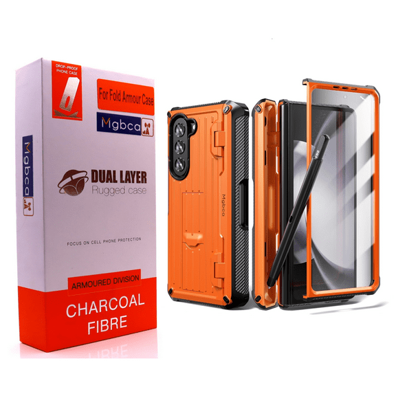 Mgbca Armor Luxury Case For Samsung Galaxy Z Fold 5 Shock-Proof, Dual-Layer Cover, Inside S Pen Sleeve Holder, Built-in Screen Protector, Rugged, Heavy-Duty, Kickstand (Orange)