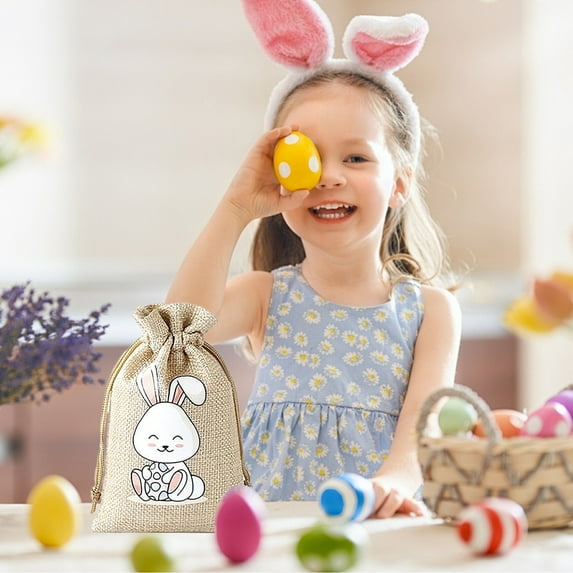 Mgcok Easter Bunny Party Candy Box Gift Bag Gift Packaging Linen Drawstring Bag Candy Easter Eggs Bag