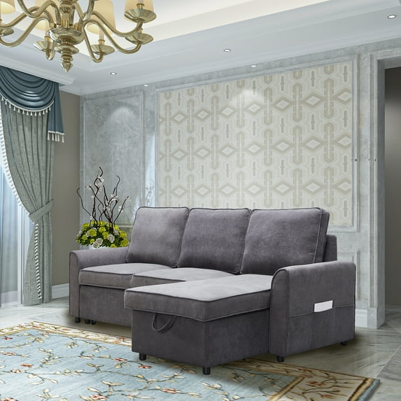 Mgea Modern Modular L-Shaped Sofa Bed with Chaise Longue, Reversible Sofa Bed with Pull-Out Bed and Storage, 4-Seat Linen Fabric Convertible Sofa for Living Room Dark Grey Gray