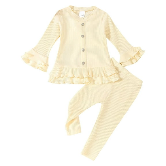 Mgmyaa 0-4 Years Girls Two-Piece Set Knit Buttoned Ruffle Juliet Sleeve Pullover Blouse and Straight-Leg Pants