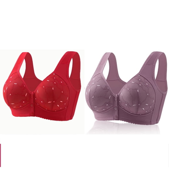 Mgmyaa 2-Pack Women's Front Closure Wireless Bras No Underwire Printed Comfortable Bra for Middle-Aged and Elderly Large Size Everyday Support