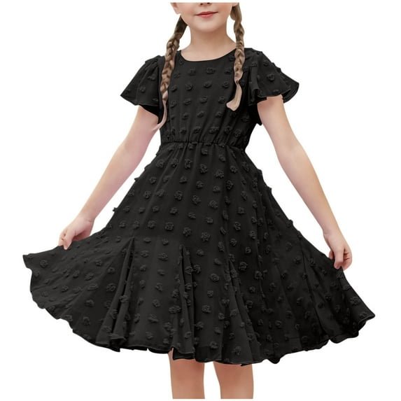 Mgmyaa 3-14T Girls Dress with Solid Pom Poms & Flutter Ruffle Short Sleeve Kids Ruffle Sleeve Crew Neck Frocks