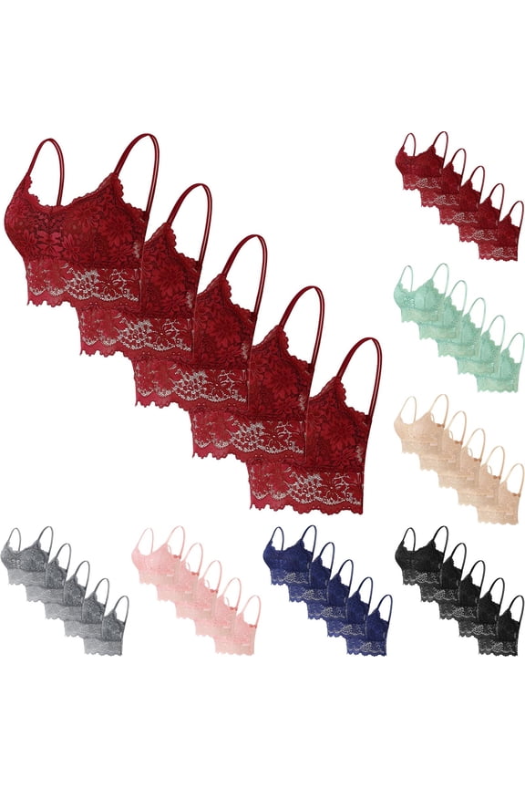 5 Pack Women's Lace Bralette Bras Comfortable Wireless Soft Cup Everyday Bra Double Strap Light Support Floral Underwire-Free