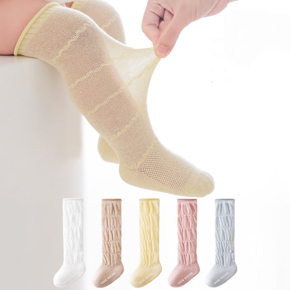 Mgmyaa 5PC Knee High Baby Socks Thin Breathable Cotton in Solid with Stretchable Regular Fit Moisture Wicking for Summer Outings Toddler Ages 1-5 Years