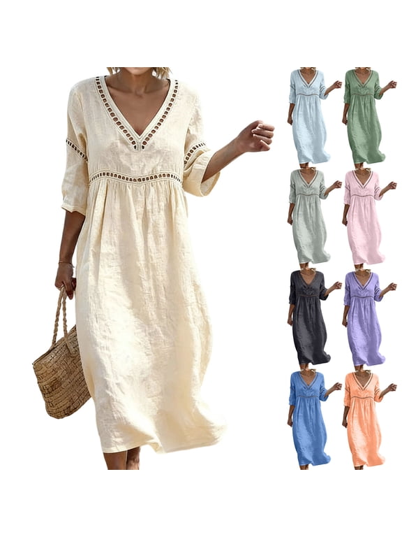 A-Line Dress for Women 3/4 Sleeve V-Neck Long Dress Fall Relaxed Fit Shift Dress Pull-On Tent Dress for Vacation Wear