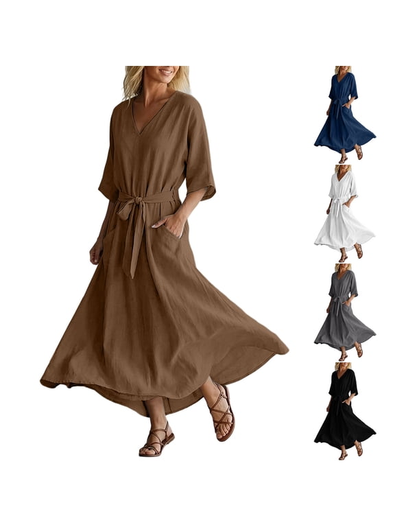 A-Line Dress for Women 3/4 Sleeve V-Neck Maxi Dress Fall Relaxed Fit Shift Dress Exterior Pocket Tent Dress for Casual Daily Wear