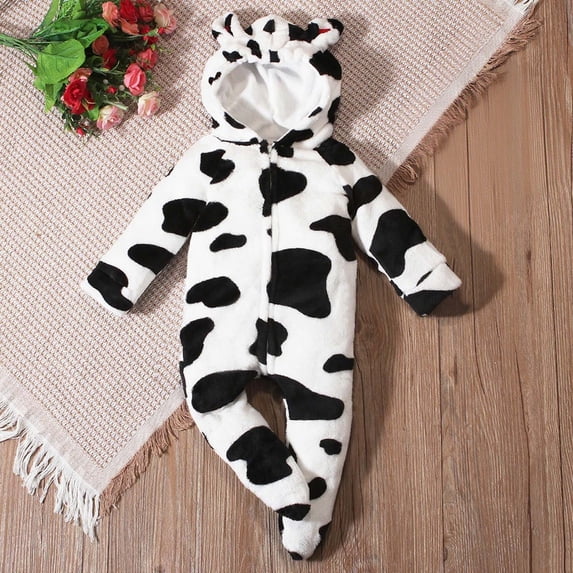 Mgmyaa Baby Boys Girls Cow Print Hooded Romper Long Sleeve Footed Jumpsuit with Zipper for Fall Winter Outfit