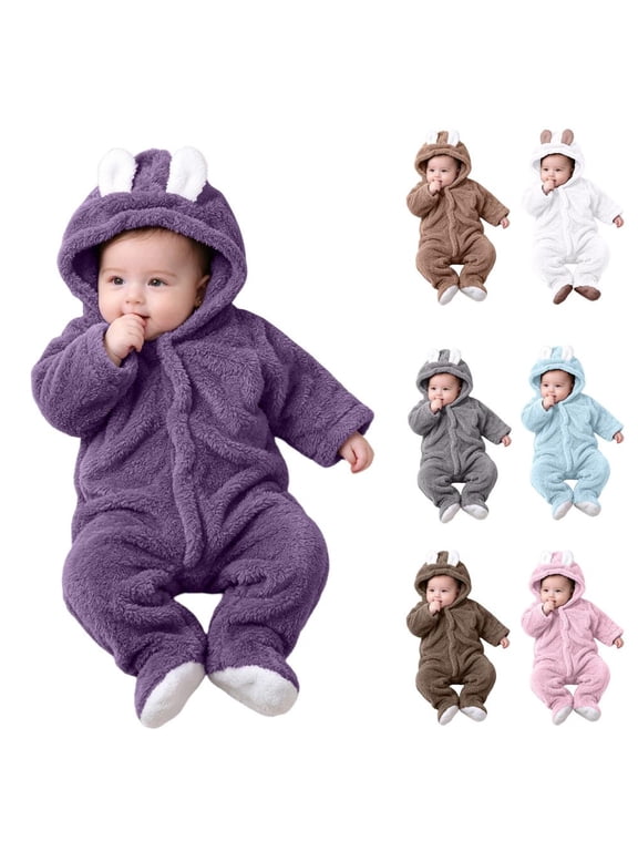 Baby Fleece Romper Hooded Jumpsuit With Bear Ears Warm Winter Outfit For Infant Boys Girls 0-12 Months